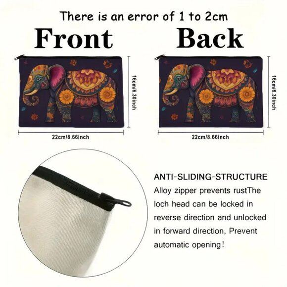 Halloween Gothic Purple Elephant w Flowers Makeup Bag - Double-Sided Printed - Picture 2 of 2